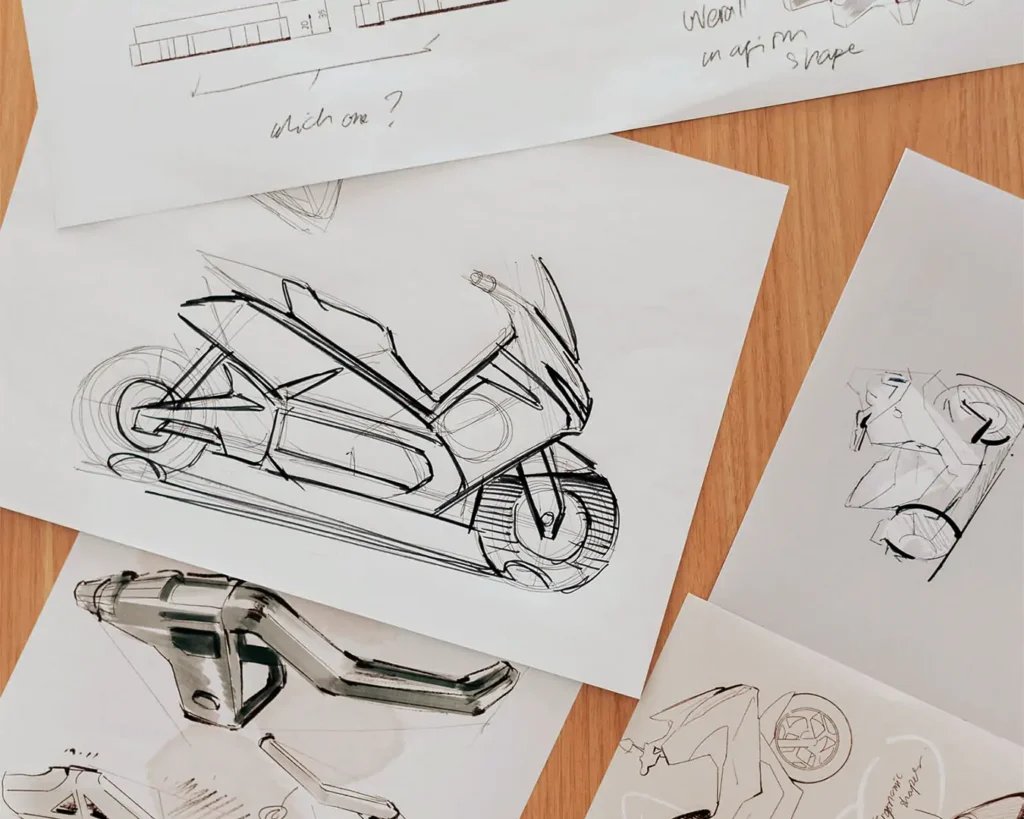 Sketsa Konsep Desain Ergonomis Motor Listrik MAKA Motors.